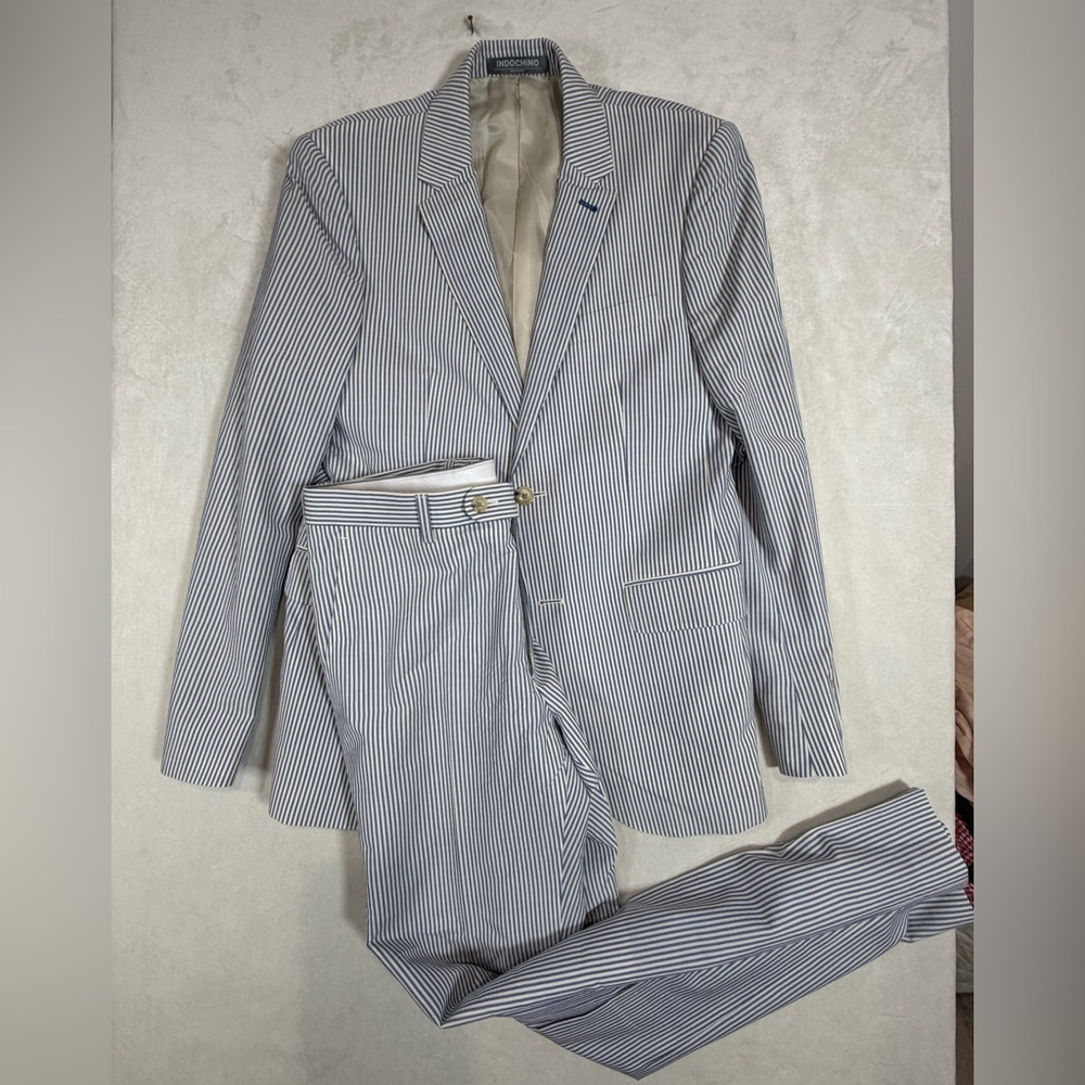 Striped Two-Piece Suit Jacket & Trousers - Light Blue/White